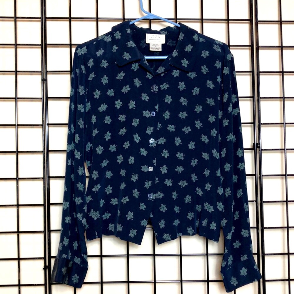Field Manor 100% Silk Long Sleeve Navy/Green Overblouse Size M